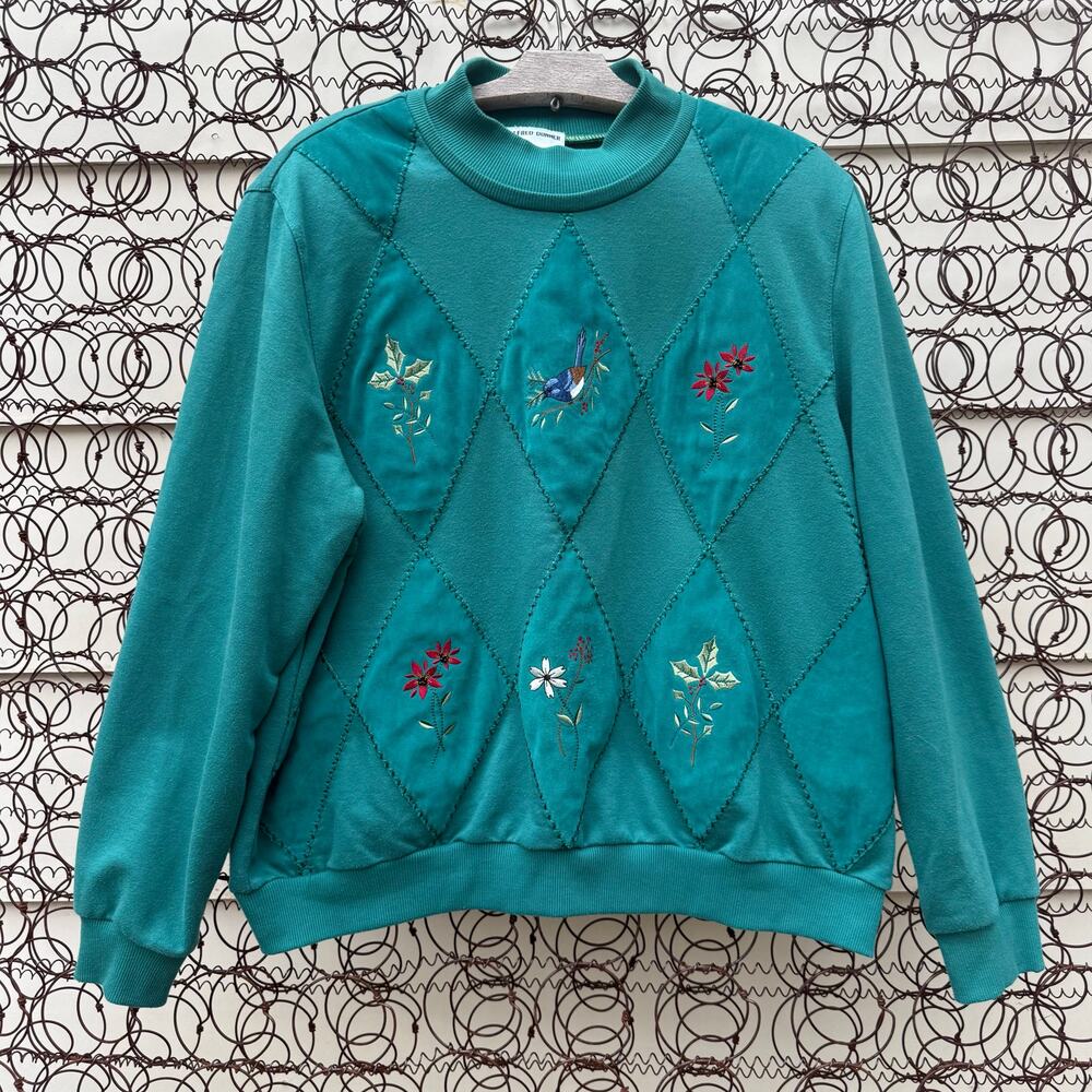 Vintage 80s Alfred Dunner Argyle Floral Needlepoint Sampler Sweatshirt Granny XL